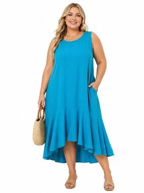 For Cynthia Teal Linen Blend Sleeveless Midi Dress XL Coastal Chic Resortwear